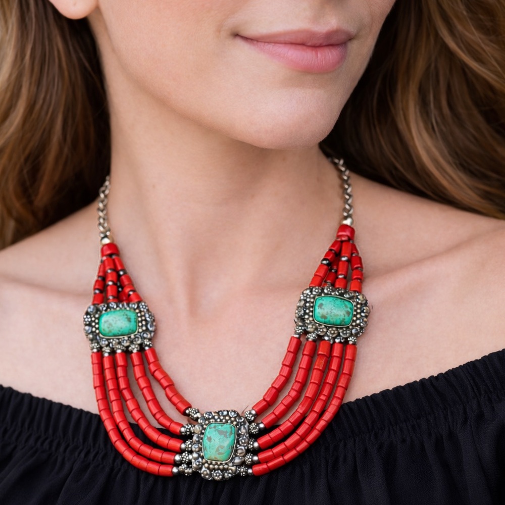 Southwestern Western Red Coral Turquoise Statement Necklace Silver‎ Tone